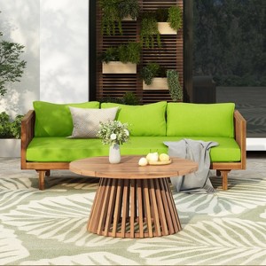 2 Pieces Patio Furniture Sets With 67.5" Length 3 Seater Green Sofa And 31.5" Round Acacia Wood Table - 1 of 4