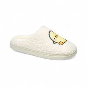 Aéropostale Women’s Fuzzy Chick Mule Slippers – Ivory Slip-On House Shoes with Yellow Embroidered Chick & Flower - 1 of 4