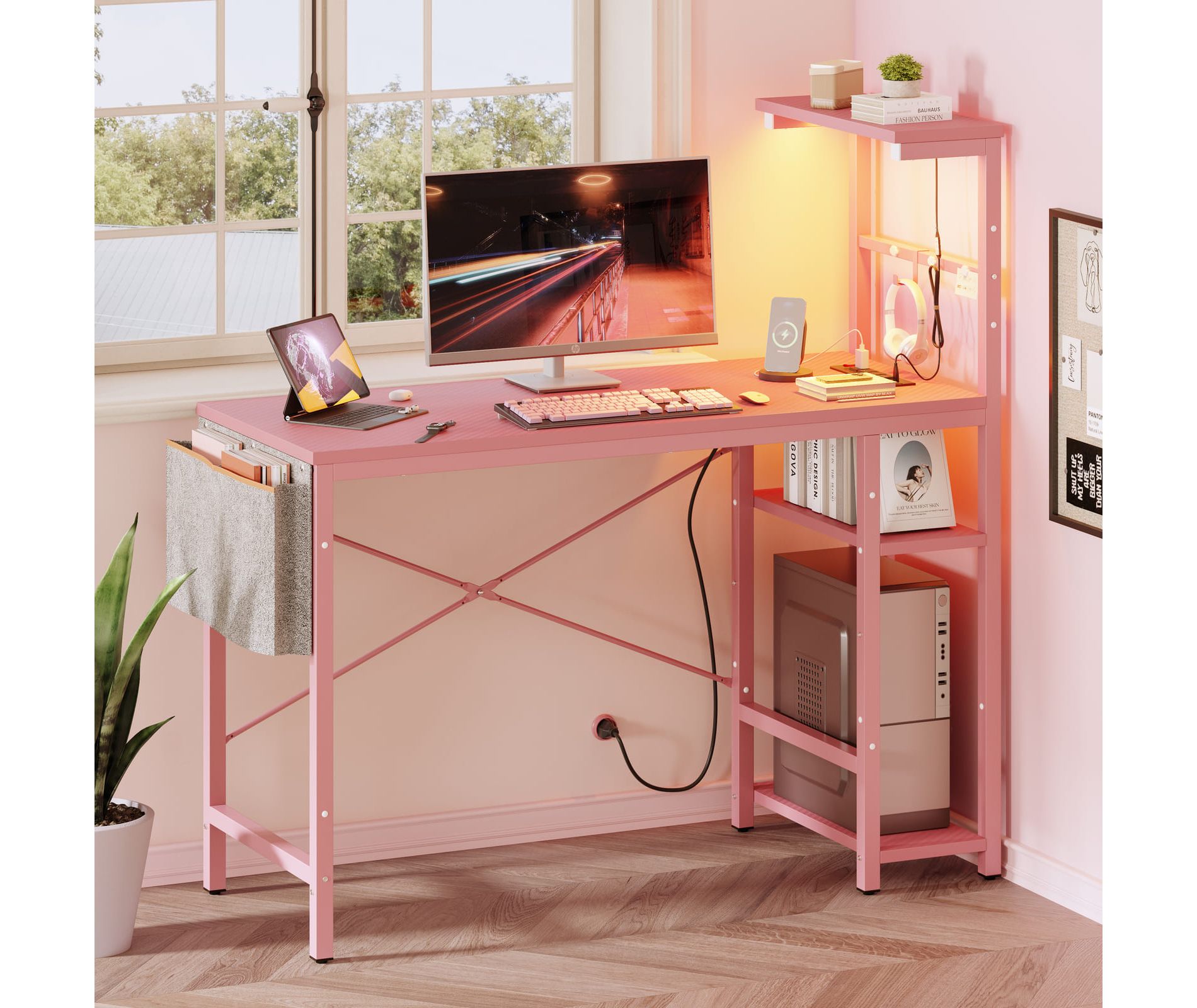 Bestier 44” Gaming Desk with Power Outlets & USB Ports, LED PC Gamer Desk with 4-Tier Storage Shelves for Small Spaces, Pink 3D Carbon Fiber