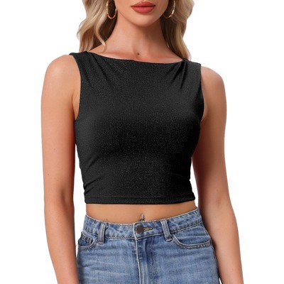INSPIRE CHIC Women's Crew Neck Sleeveless Metallic Tweed Cropped Tank Top