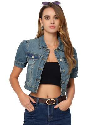 Allegra K Women's Casual Point Collar Button Down Puff Sleeve Crop Denim Jackets