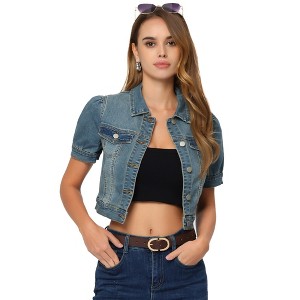 Allegra K Women's Casual Point Collar Button Down Puff Sleeve Crop Denim Jackets - 1 of 4