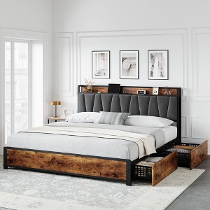 Jojoka Bed Frame with Storage Linen Upholstered Headboard,4 Drawers Platform Bed Frame with Charging Station - 1 of 4