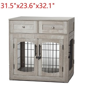 Dog Crate Wooden Kennel Indoor End Table Pet Furniture With Doors & Drawers - 1 of 4