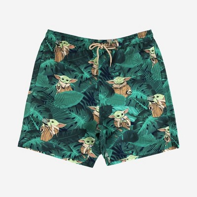 Men's 7 Star Wars: The Mandalorian Elastic Waist Baby Yoda Swim Shorts -  Dark Green XS