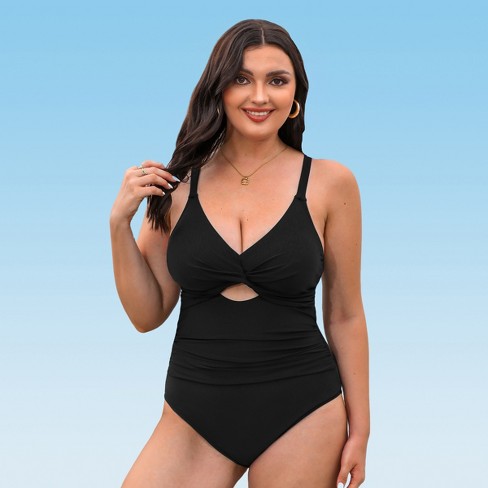 Women's Plus Size Twist Front Cutout Ruched Back Tie One Piece Swimsuit -  Cupshe-0X-Black