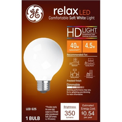 GE 40W Relax G25 LED Globe Light Bulbs Soft White Frosted: Dimmable, Energy Star, 4.5W, 360 Lumens, E26 Base