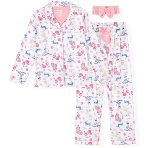 Sleep On It Girls 2-Piece Long-Sleeve Button-Up Pajama Set with Plush Headband Gift - 1 of 4