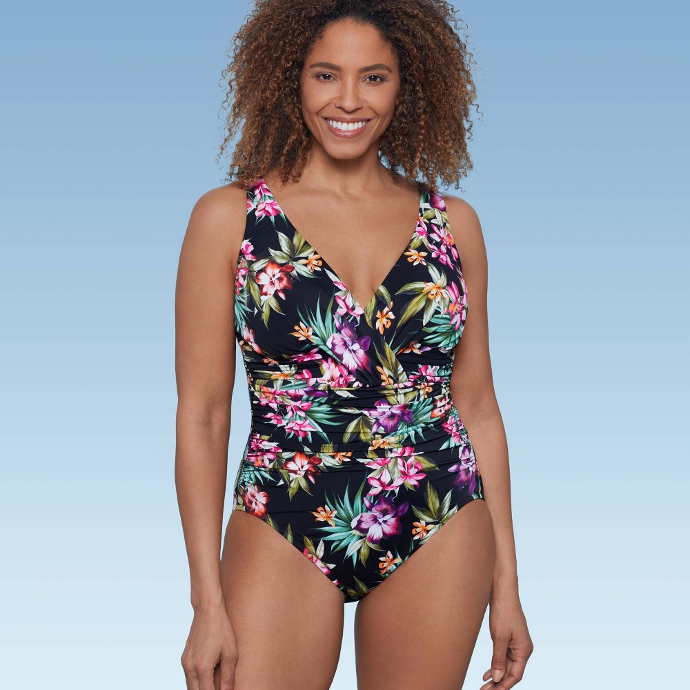 Women's UPF 50 V-Neck Ruched One Piece Swimsuit - Shape + Style by Aqua Green® Multi Floral Print 10