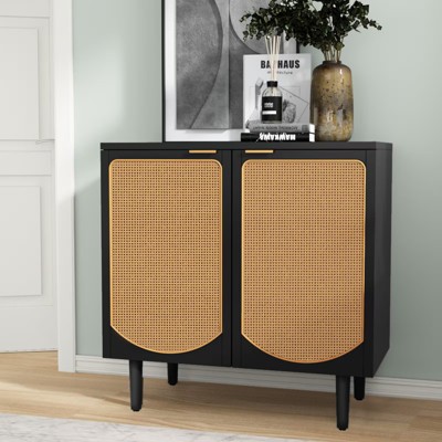 FONTOI Rattan Cabinet with 2 Doors, Boho Sideboard Buffet Cabinet with Storage for Kitchen, Dining Room, Living Room, Black&Brown, 31.6"*31.5"*15.5"
