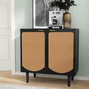 FONTOI Rattan Cabinet with 2 Doors, Boho Sideboard Buffet Cabinet with Storage for Kitchen, Dining Room, Living Room, Black&Brown, 31.6"*31.5"*15.5" - 1 of 4