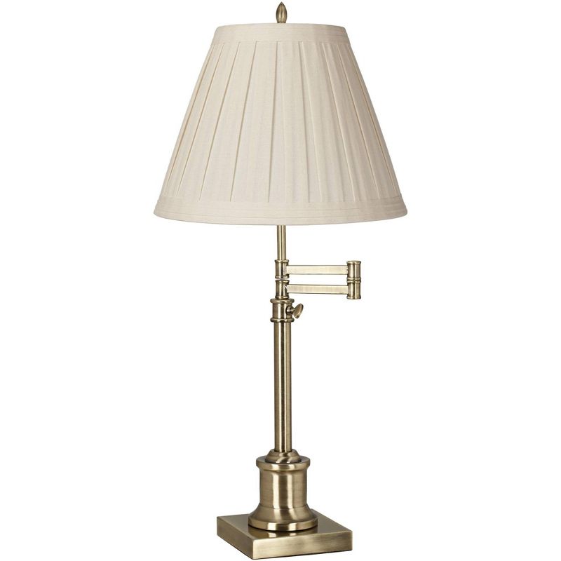 360 Lighting Swing Arm Desk Table Lamp 36" Tall Antique Brass Box Pleated Creme Linen Empire Shade for Living Room Bedroom Office Family, 1 of 4