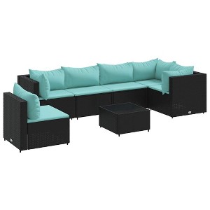 vidaXL Patio Lounge Set with Cushions - Outdoor Sectional Sofa 7 Piece - Black Poly Rattan - Glass Tabletop - Durable and Weather-Resistant - 1 of 4