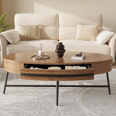 Oval Coffee Table with Drawer Mid-Century Modern Center Table 47.2“ Wooden Coffee Table with Storage and Cross Metal Legs for Living Room