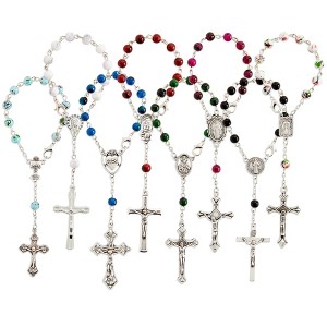 Juvale 24 Pack Small Catholic Rosary Bracelet, Prayer Beads for Baptism Christening, 8 Colors & Crucifix Designs - 1 of 4