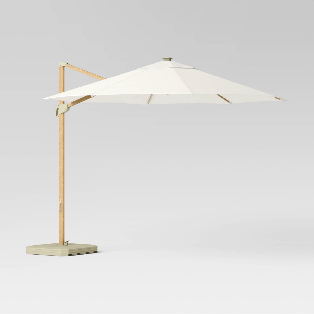 Photos - Parasol 11' Round Offset Solar Outdoor Patio Market Umbrella Off-White with Light