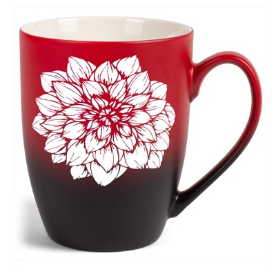 Elanze Designs Botanical Floral Nature Coffee Cup Mug 12 Ounce Ceramic With Ombre Gradient Elegant Minimalist Dahlia Flower Silhouette Red and Black