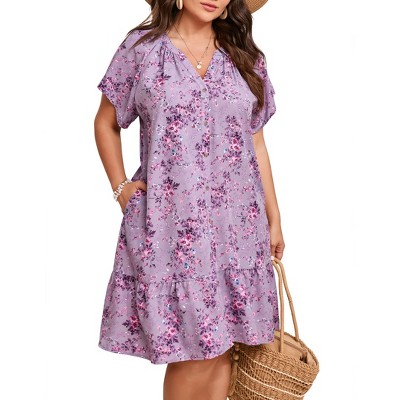 Plus Size Women's Dress Floral V Neck Casual Dress Button Down Pocket Mini Dress