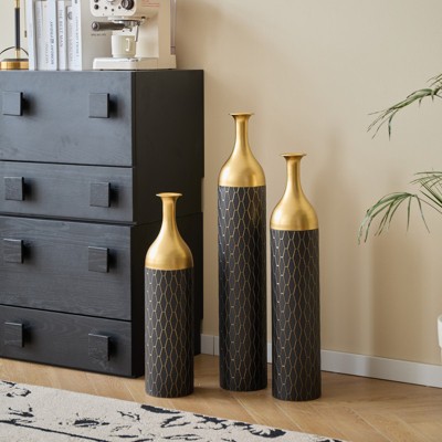 Aukfa Set of 3 Black and Gold Metal Floor Vases – Elegant Decorative Vases for Wedding, Mother’s Day, or Floral Displays