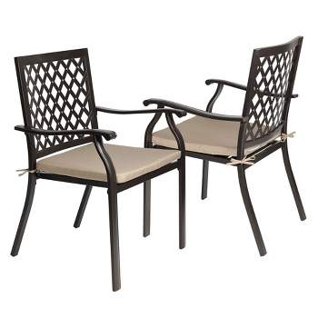 Aoodor Outdoor Patio Stackable Metal Dining Chairs  2-Piece Set with Curved Armrests and Strapped Seat Cushions