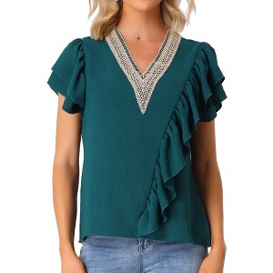 Allegra K Women's Ruffle Short Sleeve V Neck Casual Blouse - 1 of 4