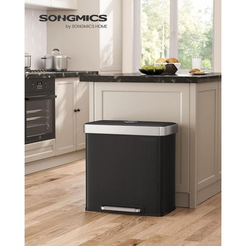SONGMICS Kitchen Trash Can, 16 Gallon (2 x 8 Gallon) Dual Compartment Garbage Can, 60L Pedal Recycling Bin, Stainless Steel, 15 Trash Bags Included, 2 of 8