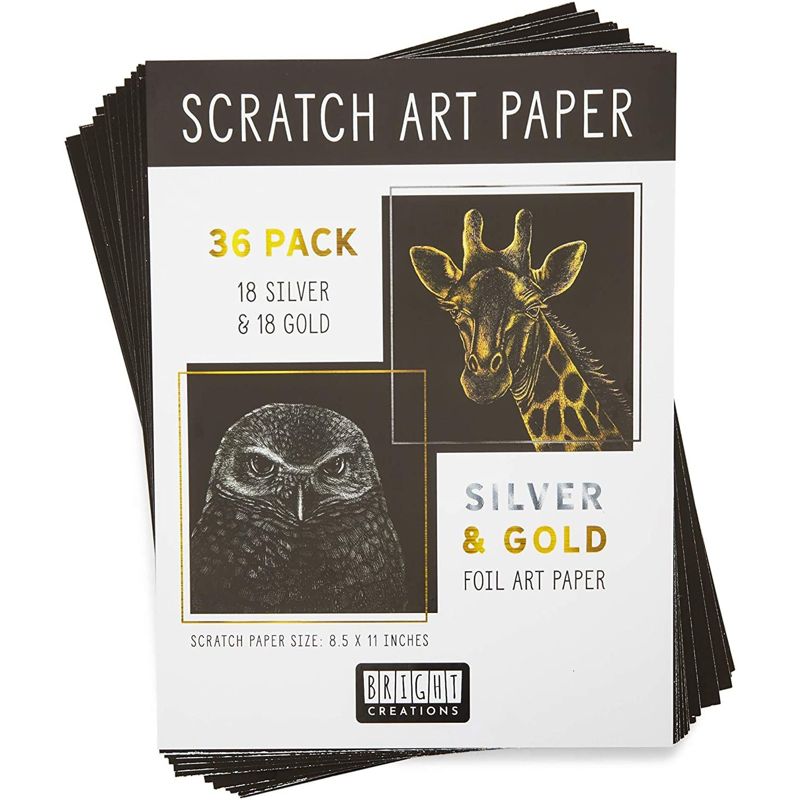 Bright Creations 36 Scratch Sheets with 2 Wooden Styluses for Arts and Crafts, Gold and Silver Foil (8.5 x 11 in), 3 of 6