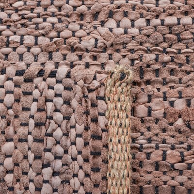 Vintage Brown and Black Handmade Leather and Cotton Rug, 8' x 10'