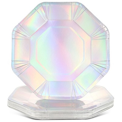 Blue Panda 24 Pack Octogon Holographic Party Plates, Iridescent Paper Plate for Disco Party Supplies Decorations, 9 in