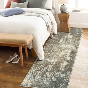 Extra Large 10' x 13' Washable Area Rug – Modern Distressed, Low Pile, Non‑Slip Backing – Cream/Blue - 1 of 4