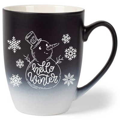 Elanze Designs Hello Winter Two Toned Ombre Matte Black and White 12 ounce Ceramic Stoneware Coffee Cup Mug