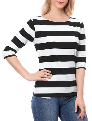 INSPIRE CHIC Women's Stripes Casual Basic Elbow Sleeves Boat Neck Slim Fit T-Shirts
