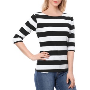 INSPIRE CHIC Women's Stripes Casual Basic Elbow Sleeves Boat Neck Slim Fit T-Shirts - 1 of 4