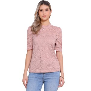 INSPIRE CHIC Women's Floral Lace Mock Neck Puff Short Sleeve Elegant Blouse - 1 of 4