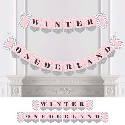 Big Dot of Happiness Pink Onederland - Holiday Snowflake Winter Wonderland Birthday Party Bunting Banner - Party Decorations - Winter Onederland