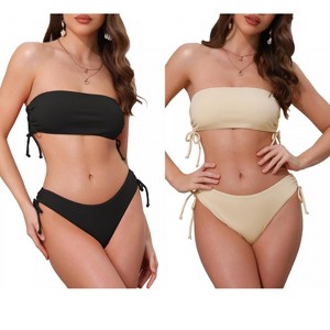 INSPIRE CHIC Women's Bandeau Drawstring Side Tie Ribbed Strapless Top Triangle Bottom Swimwear Bathing Bikini Suits 2 Sets - 1 of 4