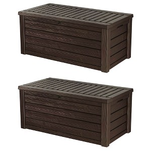 Keter Westwood Outdoor Resin 150 Gallon Deck Storage Box Organizer for Patio Furniture, Pool Toys and Yard Tools with Bench, Brown (2 Pack) - 1 of 4