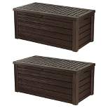 Keter Westwood Outdoor Resin 150 Gallon Deck Storage Box Organizer for Patio Furniture, Pool Toys and Yard Tools with Bench, Brown (2 Pack)