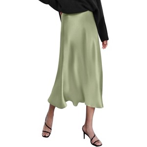 Women's High Waist Satin Midi Skirt - Elegant A-Line Silky Skirt Apple Green - 1 of 4