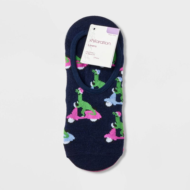Women&#39;s Dinosaur 3pk Liner Socks - Xhilaration&#8482; Navy/White/Pink 4-10, 3 of 5