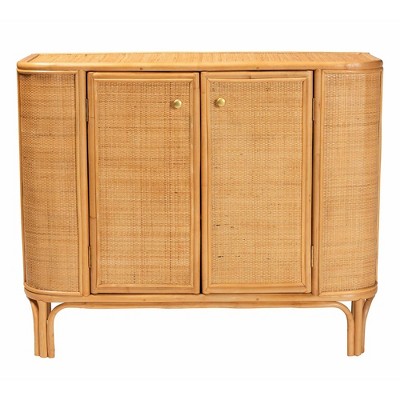 Natural Brown Rattan 2-Door Storage Cabinet with Gold Knobs