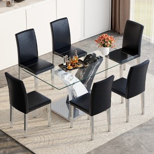 7-Piece Dining Set with Tempered Glass Table and 6 PU Armless Chairs - 1 of 4