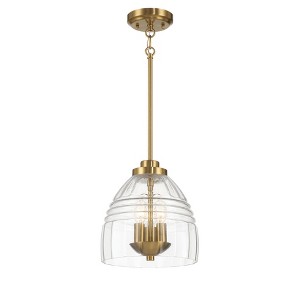 3-Light Satin-Brass Pendant – Clear Glass on Chain, Farmhouse Hanging Light - 1 of 4