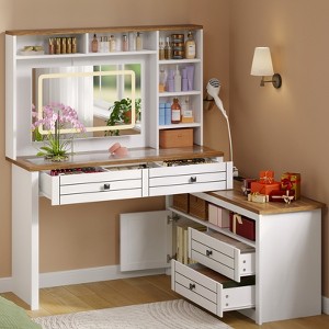 Vanity Mirror with Lights, Makeup Vanity Desk with 5 Drawers, 6 Open Storage Shelves, Large Extendable Dressing Table with Charging Station, Glass Top - 1 of 4