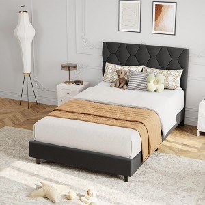 Bed Frame with Upholstered Headboard, Heavy-Duty Platform Bed Frame with Strong Wood Slats, No Box Spring Needed - 1 of 4