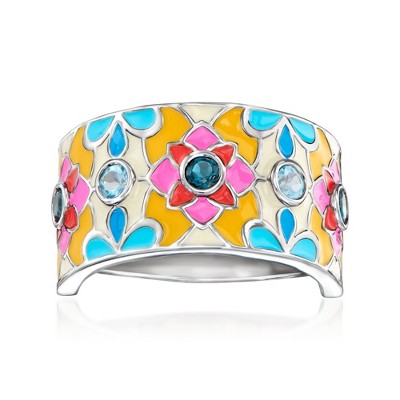 Ross-Simons 0.30 ct. t.w. Swiss and London Blue Topaz Floral Ring With Multicolored Enamel in Sterling Silver