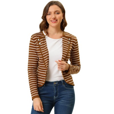 INSPIRE CHIC Women's Regular Fit Notched Lapel Button Decor Striped Blazer