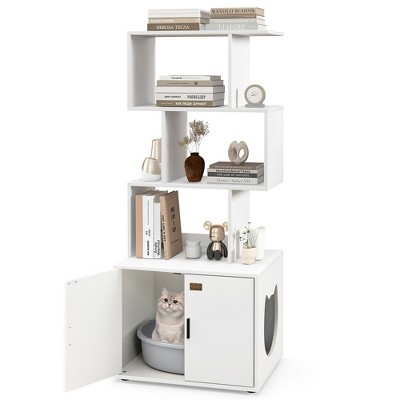 Tangkula 56" Tall 2-in-1 Hidden Cat Washroom Furniture w/3 Open Shelves Side Entry Doors