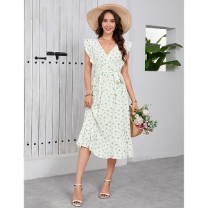 Women's Floral Dress Cross Neck Flying Sleeve Ruffle Midi Dress With Belt - 1 of 4