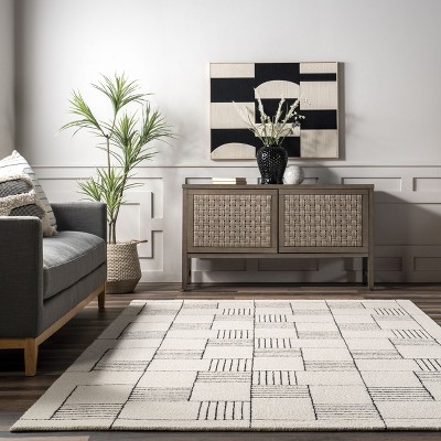 Ivory Abstract Checkered Handmade Wool Area Rug, 6' x 9'